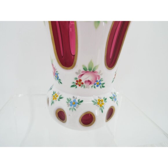 Vintage Bohemian Czech Cased White Overlay Cut to Cranberry Glass Floral Vase 5" - Picture 6 of 10